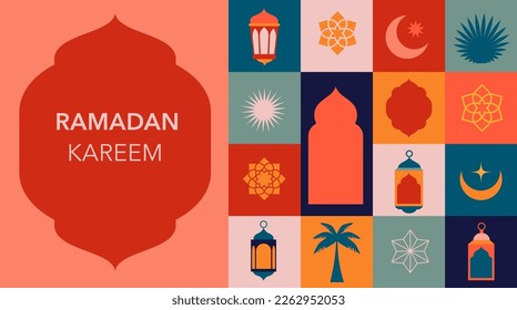 Geometric style colorful Islamic Ramadan Kareem banner, poster design. Mosque, moon, dome and lanterns. Minimalistic illustrations