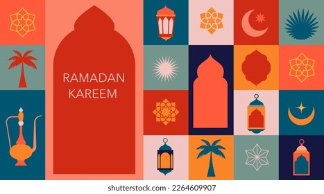 Geometric style colorful Islamic Ramadan Kareem banner, poster design. Mosque, moon, dome and lanterns. Minimalistic illustrations