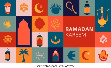 Geometric style colorful Islamic Ramadan Kareem banner, poster design. Mosque, moon, dome and lanterns. Minimalistic illustrations