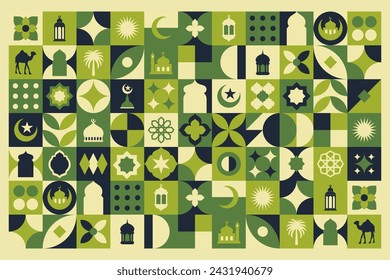 Geometric style colorful Islamic Ramadan Kareem banner, poster design, pattern and geometrical background. Mosque, moon, dome and lanterns. Minimalistic illustrations