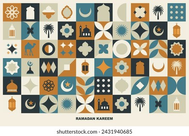 Geometric style colorful Islamic Ramadan Kareem banner, poster design, pattern and geometrical background. Mosque, moon, dome and lanterns. Minimalistic illustrations