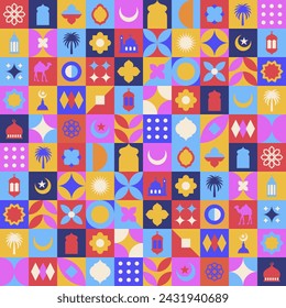 Geometric style colorful Islamic Ramadan Kareem banner, poster design, pattern and geometrical background. Mosque, moon, dome and lanterns. Minimalistic illustrations