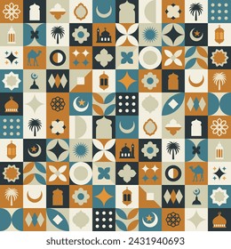 Geometric style colorful Islamic Ramadan Kareem banner, poster design, pattern and geometrical background. Mosque, moon, dome and lanterns. Minimalistic illustrations