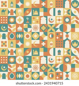 Geometric style colorful Islamic Ramadan Kareem banner, poster design, pattern and geometrical background. Mosque, moon, dome and lanterns. Minimalistic illustrations