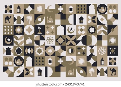 Geometric style colorful Islamic Ramadan Kareem banner, poster design, pattern and geometrical background. Mosque, moon, dome and lanterns. Minimalistic illustrations