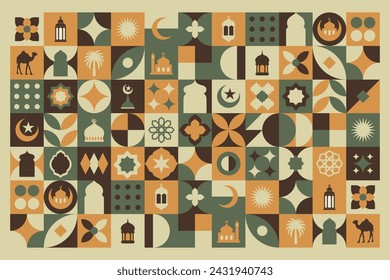 Geometric style colorful Islamic Ramadan Kareem banner, poster design, pattern and geometrical background. Mosque, moon, dome and lanterns. Minimalistic illustrations