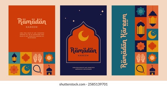 Geometric style colorful Islamic Ramadan Kareem banner, poster design, pattern and geometrical background. Mosque, moon, dome and lanterns. Minimalistic illustrations