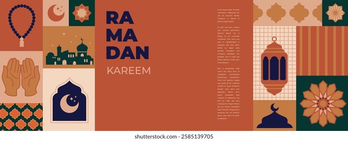 Geometric style colorful Islamic Ramadan Kareem banner, poster design, pattern and geometrical background. Mosque, moon, dome and lanterns. Minimalistic illustrations