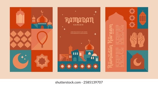 Geometric style colorful Islamic Ramadan Kareem banner, poster design, pattern and geometrical background. Mosque, moon, dome and lanterns. Minimalistic illustrations