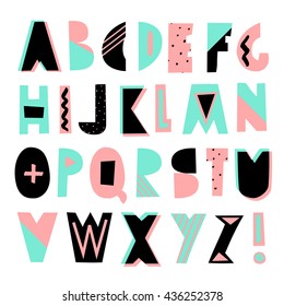 Geometric style decorative letters in light blue, pastel pink and black isolated on white background.
