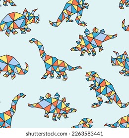 Geometric Style Dinosaurs Seamless Pattern. Cartoon Dinosaurs Seamless Repeat Pattern. Hand Drawn Dinos Seamless Design.