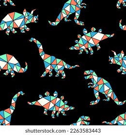 Geometric Style Dinosaurs Seamless Pattern. Cartoon Dinosaurs Seamless Repeat Pattern. Hand Drawn Dinos Seamless Design.