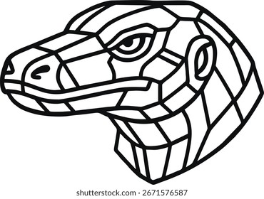 A geometric style drawing of a Komodo dragon head in black and white.