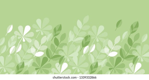 Geometric style elegant tender light green spring foliage. Decorative leaves vector horizontal element for header, poster, cover, cards.