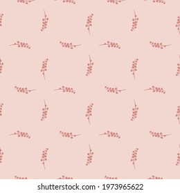 Geometric style flora seamless pattern with simple lily of the valley elements. Pink pastel colored artwork. Stock illustration. Vector design for textile, fabric, giftwrap, wallpapers.