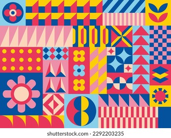 Geometric style funky pop artwork - carnival themed background illustration with bright fun color palette vector