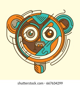 Geometric style illustration in color of a comic monkeys head close up. Vector illustration.