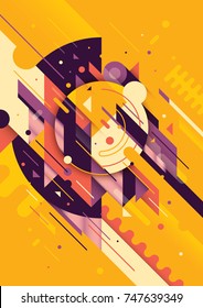 Geometric style illustration, made of various abstract shapes and objects in intense colors. Modern design. Vector illustration.