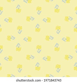 Geometric style meadow flowers seamless pattern with yellow dandelion silhouettes. Pastel background. Great for fabric design, textile print, wrapping, cover. Vector illustration.