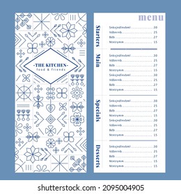 Geometric style menu design. Greek Mediterranean look. Corporate identity. Document template for restaurant business. Editable vector file.