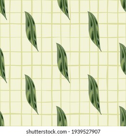 Geometric style nature seamless pattern with green pale leaves silhouettes. White chequered background. Decorative backdrop for fabric design, textile print, wrapping, cover. Vector illustration