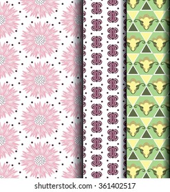 Geometric style with pastel flowers and stripes, three overlap.