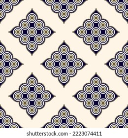 Geometric style pattern seamless background abstract circle shapes motif minimalist classic colorful ornamental graphic style. Casual repeating fabric textile design template, blue, white, gold color