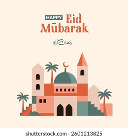 geometric style ramadan kareem background, mosque with islamic dome, islamic illustration for poster, wallpaper and greeting card