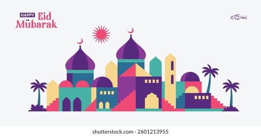 geometric style ramadan kareem background, mosque landscape with bright colored islamic houses, islamic illustration for poster, wallpaper and greeting card