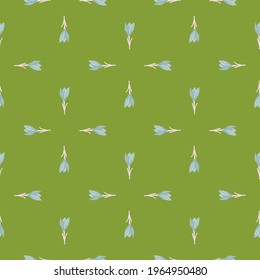 Geometric style seamless botanic pattern with blue crocus flowers print. Green olive background. Floral backdrop. Graphic design for wrapping paper and fabric textures. Vector Illustration.