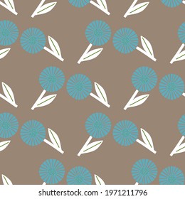 Geometric style seamless pattern with blue flowers silhouettes. Beige background. Doodle style. Graphic design for wrapping paper and fabric textures. Vector Illustration.