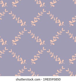 Geometric style seamless pattern with doodle light pink eucalyptus print. Pastel purple background. Graphic design for wrapping paper and fabric textures. Vector Illustration.
