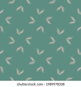 Geometric style seamless pattern with doodle leaves silhouettes print. Turquoise background. Flat vector print for textile, fabric, giftwrap, wallpapers. Endless illustration.
