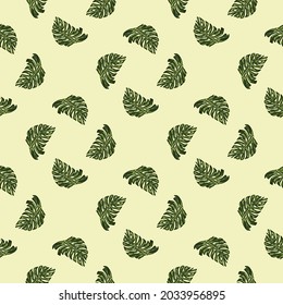 Geometric style seamless pattern with doodle green monstera leaves print. Light background. Vector illustration for seasonal textile prints, fabric, banners, backdrops and wallpapers.