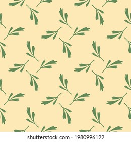 Geometrisches, nahtloses Muster mit grünem Blatt kreativem Druck. Pastellbeiger Hintergrund. Einfaches Design. Entworfen für Stoffdesign, Stoffdruck, Umhüllung, Abdeckung. Vektorgrafik.
