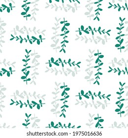 Geometric style seamless pattern with herbal botanic eucalyptus ornament. Isolated leaves backdrop. Graphic design for wrapping paper and fabric textures. Vector Illustration.