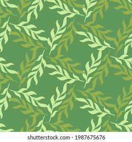 Geometric style seamless pattern with marine doodle seaweed elements print. Green background. Flat vector print for textile, fabric, giftwrap, wallpapers. Endless illustration.