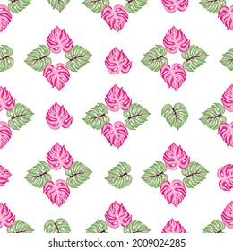 Geometric style seamless pattern with pale green and pink bright monstera leaves. White background. Designed for fabric design, textile print, wrapping, cover. Vector illustration.