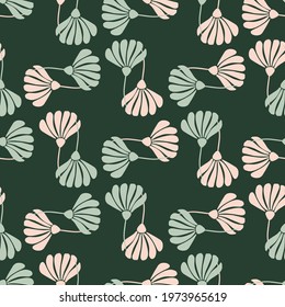 Geometric style seamless pattern with pink and blue colored flowers silhouettes on green background. Vector illustration for seasonal textile prints, fabric, banners, backdrops and wallpapers.