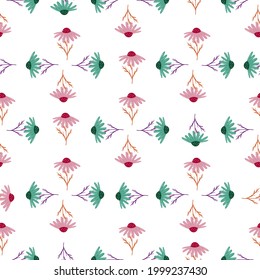 Geometric style seamless pattern with pink and blue calenduls shapes print. Isolated floral ornament. Designed for fabric design, textile print, wrapping, cover. Vector illustration.