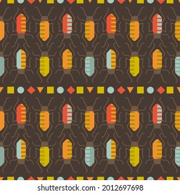 Geometric style seamless print with repeated beetles different colors. Small colorful decorative figures. Nice bright backdrop on dark brown background.