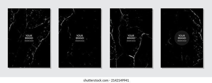 Fondo negro geométrico y elegante. Textura de grano de mármol. Colección de plantillas verticales. Conjunto de diseños de portada para folleto, catálogo, libro, afiche, volante, diseño de invitación.