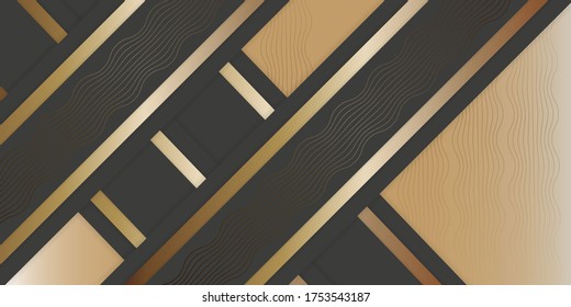 Geometric stylish black and gold background. Abstract luxury background with paper cut layers and intersecting stripes . Vector design element for banners, posters, covers.