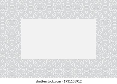 Geometric stylish floral white background. Volumetric original composition with 3D effect of convex shape. Ethnic embossed pattern. Frame for text, advertising.