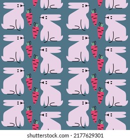 Geometric stylization of rabbit and carrot. Seamless pattern for printing on wallpaper, packaging and textiles. The hares have smelled the carrot and are going to eat it. Texture with animals 