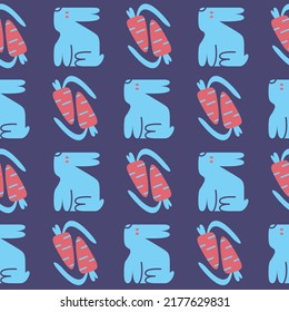 Geometric stylization of rabbit and carrot. Seamless pattern for printing on wallpaper, packaging and textiles. Blue hares with red eyes. Texture with animals and plants. Flat style illustration