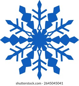 Copo de nieve azul geométrico y estilizado sobre un fondo blanco que representa el invierno, la Navidad, las temperaturas frías y el agua congelada, adecuado para proyectos de vacaciones