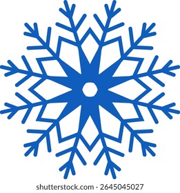 Copo de nieve azul geométrico y estilizado que descansa sobre un fondo blanco, evocando la esencia del invierno, las festividades de las Navidades y el frío del Clima frío