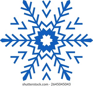 Geometric and stylized blue snowflake resting on a white background, capturing the essence of winter and the festive spirit of Christmas, evoking images of cold weather, ice, and snow