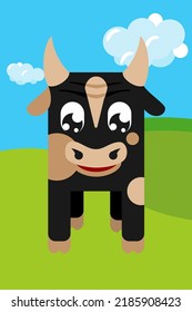 Geometric stylized bull in cartoon colorful valley Domestic animal. Farm themed vector illustration for icon, stamp, label, badge, sticker or gift card